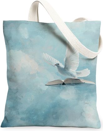 Generic Artistic Pigeon Canvas Tote Bags, Vintage Book Pattern Reusable Grocery Bags, Lightweight Washable Shoulder Strap Canvas Fo, Blue, 13x15 Inch