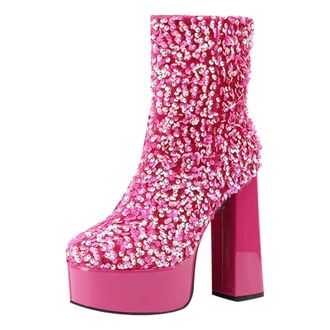 Generic Women Autumn Winter Fashion Ankle Boots with Sequin Decorations Shiny Thick Heel Platform Design for Ultimate Comfort and Style (Red, 4.5)