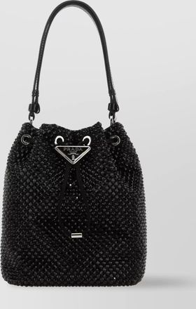 Prada structured satin bucket bag with rhinestone and sequin embellishments