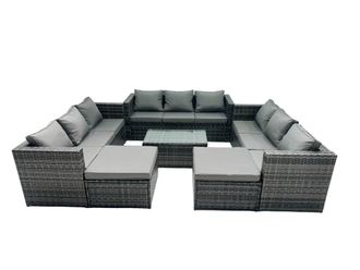 Fimous 11-seater Patio Coffee Table Sofa Set with 2 Big Stools in Dark Grey