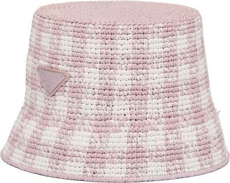 Prada checked raffia bucket hat - women - Straw/Wicker - M - Pink