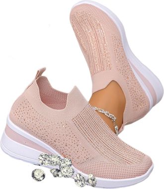 Generic Breathable Rhinestone Embellished Orthopedic Sneakers, Mesh Slip-On Wedge Sneakers, Glitter Tennis Shoes for Walking Wedding and Daily Wear (7.5,Pink)
