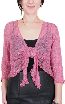 Mimosa Ladies Crochet Shrug Bolero Glitter or Plain Super Stretchy Lace Fish Net Tie at Waist Bolero Open Cardigan Fits UK 6-28