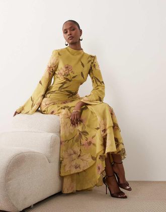 Asos Vestito lungo accollato a maniche lunghe verde a fiori con godet con volant e maniche svasate