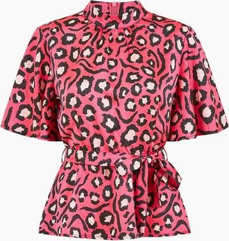 Mela Womens London City Animal Print High Neck Blouse - Pink - Size: 10