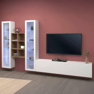 Dmora Pared Equipada Dcorrei, Conjunto De Sal&oacute;n Mueble De Tv Con 3 Puertas, Mueble De Sal&oacute;n Polivalente Con Vitrina Y Luz Led, 100% Made In Italy, Cm 320x30