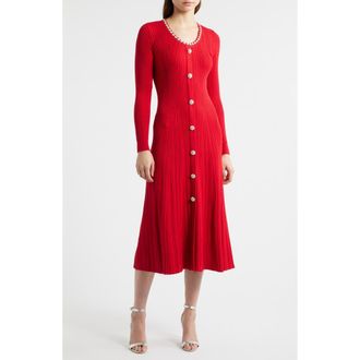 Elie Tahari The Emmie Rhinestone Detail Long Sleeve Knit Dress in Berry Red at Nordstrom, Size X-Large