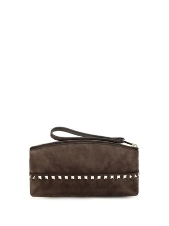 Valentino Garavani Womens Rockstud Suede Pouch Ebony Brown Handbags Hand Bags