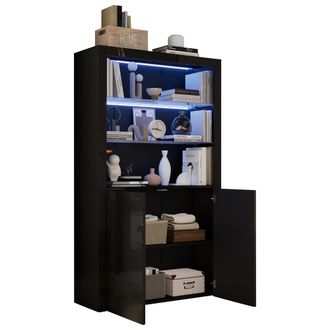 STILVORA Vitrina Con 2 Puertas, 3 Nichos Y Led Regulable Por Aplicaci&oacute;n, Frente Brillante, Para Sal&oacute;n, En Mdf Y Vidrio, 100&times;35&times;170 Cm, Negro