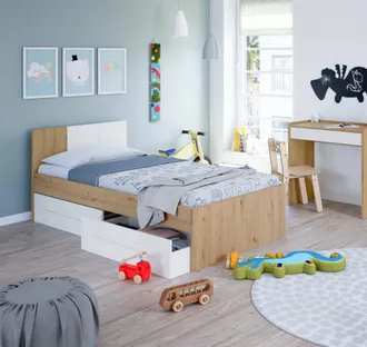 Dmora Dmora - Cama Individual Dabau, Cama Contenedor Individual Con Cabecero, Estructura De Cama Con 2 Cajones Para Dormitorio,196x97h77 Cm, Roble Anudado Y