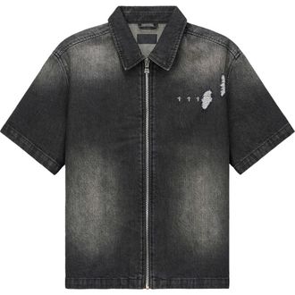 Rta Zeno Distressed Short Sleeve Denim Zip Shirt in Fray Noir at Nordstrom, Size Xxx-Large