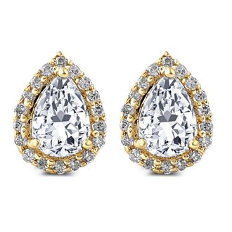 Pompeii3 1/2Ct Pear Shape Halo Screw Back Diamond Studs White or Yellow Gold Earrings