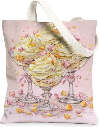 Generic Vintage Floral Canvas Tote Bags, Dessert Pattern Reusable Grocery Bags, Lightweight Washable Shoulder Strap Canvas for Shop, Peach, 13x15 Inch