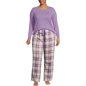 Lands End Plus Size Pajama Gift Set - Knit Long Sleeve Top and Flannel Pants in Ivory/violet Verbena Plaid at Nordstrom, Size 2X