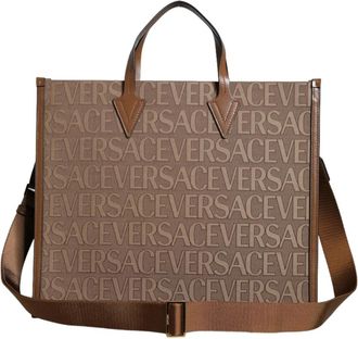 Versace Top Handle Jacquard Leren Logo Crossbody Tote Tas - Dames - Shoppers - Bruin - ONE Size - Katoen - Tassen