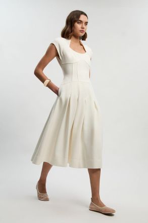 Karen Millen Womens Compact Stretch Dropped Waist Full Skirted Midi Dress - White - Size 16 UK