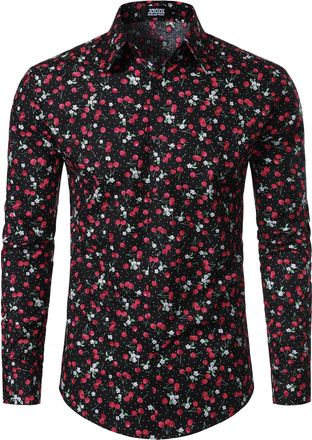 JOGAL Mens Regular fit Floral Dress Shirt Long Sleeve Printed Casual Button Down Shirts Black Red Medium