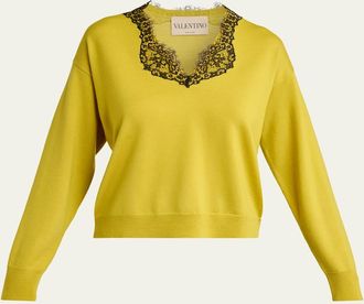Valentino Garavani Lace-Trim V-Neck Cashmere Sweater