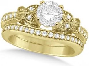 Allurez Round Diamond Butterfly Design Bridal Ring Set 18k Yellow Gold (1.21ct)