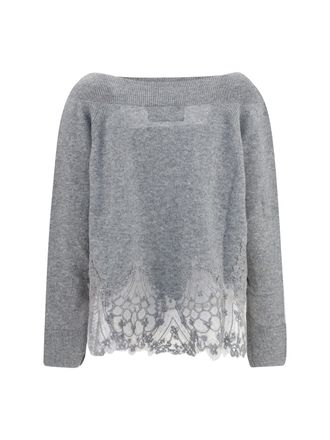 Ermanno Scervino Womens Boat Neck Lace Sweater Grigio Kashmir-Capra Hircus Kashmir/capra