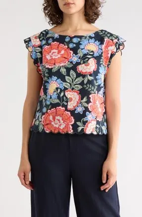 Ellen Tracy Scalloped Crop Tank in Navy Summer Blooms at Nordstrom Rack, Size X-Small