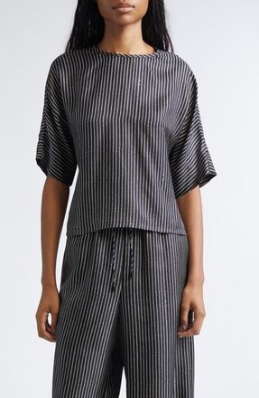 Max Mara Nordica Broken Stripe Silk Twill Top in Black White at Nordstrom, Size 12
