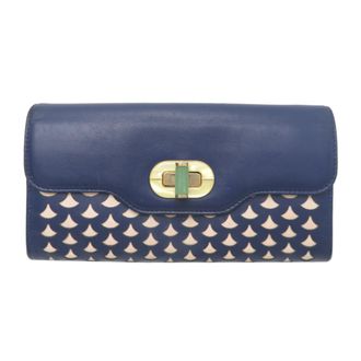 Bulgari Beige Navy Leather Long Wallet (Bi-Fold) (Pre-Owned)