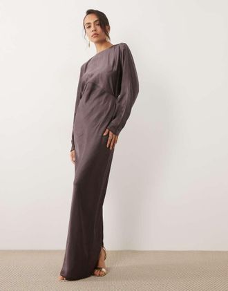 Asos Vestito lungo in raso marrone con maniche a pipistrello-Verde