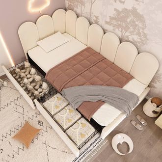 Merax Upholstered Bed Daybed With Drawers, 3FT Single Sofa Bed for Children in Beige