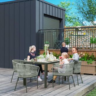 OUTSUNNY 6 Seater Rattan Dining Set with Acacia Wood Table Top Seat Cushions in Grey