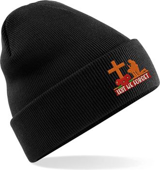 Generic Embroidered Lest We Forget Anzac Day Beanie Cap British Veterans Remembrance Day Poppy Flower Unisex Gift Beanie Hat (Black)