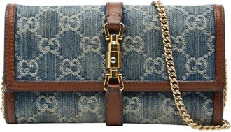 Gucci Blue Brown Denim Leather Chain/Shoulder Wallet (Pre-Owned)