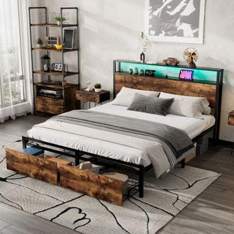 Matteo Metal Bed, 4ft6 Double Bed With LED Light Strip & 2 Drawers, 2 USB Port+1 Type in Black