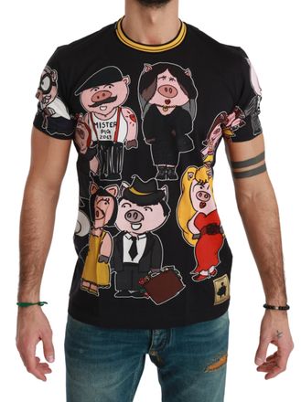 Dolce & Gabbana Mens Black Cotton Top 2019 Year of the Pig T-shirt - Multicolour - Size Small