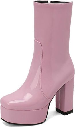Generic Womens Chunky Heel & Platform Mid-calf Boots with Square Toe Side Zipper for Trendy Casual Wear,Pink,1.5 UK