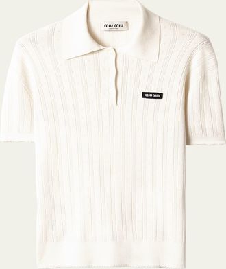 Miu Miu Cashmere-Silk Pointelle Knit Short-Sleeve Polo Top
