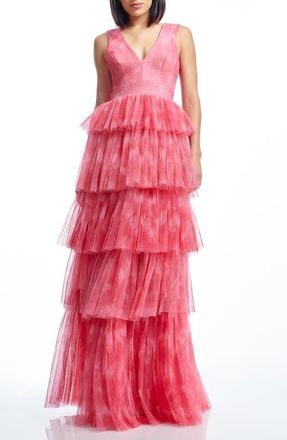 Dress The Population Radhika Tiered Plissé Tulle Gown in Raspberry Multi at Nordstrom, Size Xx-Small