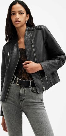 AllSaints Leather Cawley Funnel Neck Leather Biker Jacket, Size: UK 16/US 12