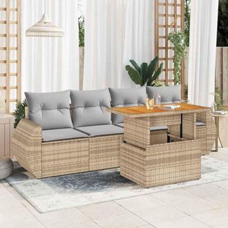 vidaXL Vidaxl - Juego De Sof&aacute;s Jard&iacute;n Con Cojines 5 Pzas Rat&aacute;n Sint&eacute;tico Beige