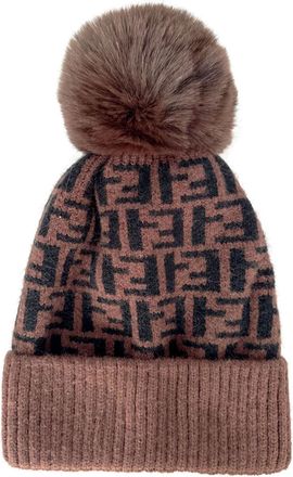 Generic Womens Luxury Knitted Beanie Hat with Fur Pom Pom - Soft Wool Blend Winter Bobble Hat with Geometric Monogram Pattern, Warm Stylish Hat for Ladies (UK