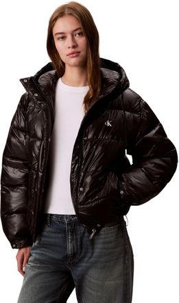 Calvin Klein Womens Shine Puffer Jacket with Hood, Black (Black), L