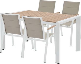 Vente-Unique Comedor de jard&iacute;n de aluminio: mesa L.150 cm y 4 sillones apilables - Natural claro y blanco - LIOUS de MYLIA