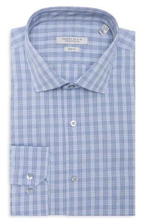 Perry Ellis Tonal Check Print Slim Fit Dress Shirt in Navy at Nordstrom Rack, Size 16 - 32/33