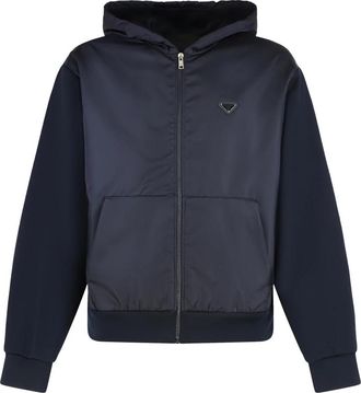 Prada Technische katoenen hoodie met Re-Nylon - Heren - Vesten met rits - Blauw - S - Katoen - Hoodies & sweatvesten