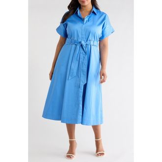 Anne Klein Grommet Detail Belted Stretch Cotton Shirtdress in Seaport at Nordstrom, Size 14 W