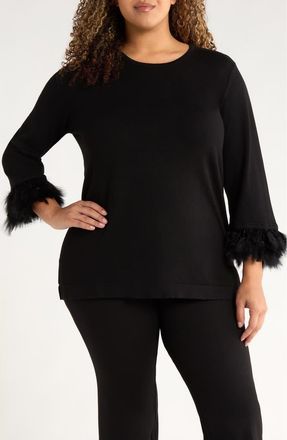 Anne Klein Feather Cuff Long Sleeve Knit Top in Anne Black at Nordstrom, Size 3X