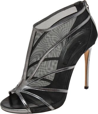 Casadei Metallic Grey/black Leather And Mesh Open-Toe Ankle Booties