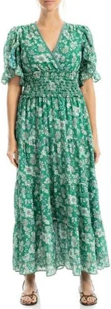 Max Studio V-Neck Flutter Sleeve Smocked Waist Maxi Dress in Green Large Floral at Nordstrom Rack, Size X-Small