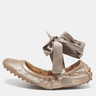 Tod's Tods Metallic Bronze Nubuck Leather Scrunch Ribbon Ballet Flats
