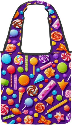 Generic Purple Candy Pattern Reversible Canvas Shoulder Tote - Double-Sided Print, 12oz Cotton, 27cm Drop, Fold-Flat Bag for Travel, Shopping, Street Outings